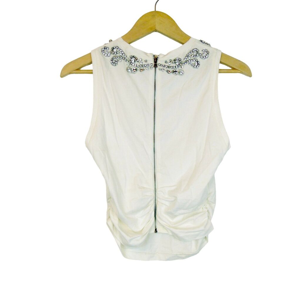 Alice + Olivia Kappa Embellished Tank Top Womens S Off White Rhinestone Ruched - Picture 5 of 15